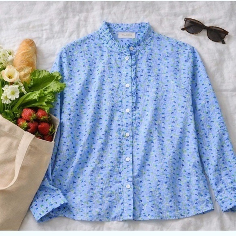 Talbots Blue Green Cotton Button Down Blouse Preppy Work Spring Teacher Top S
